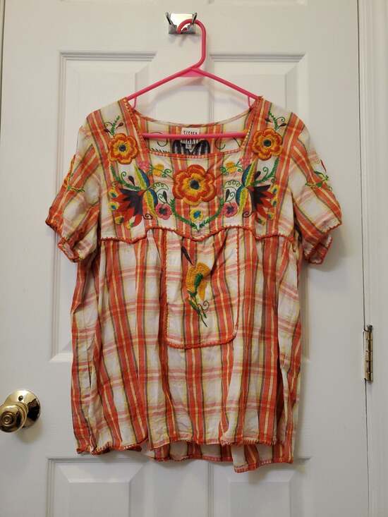Sister Mary Tops - Sister Mary Women's Plaid Short Sleeve Embroidered Floral Blouse